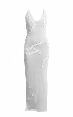 White Flower Applique Sheer Maxi Dress