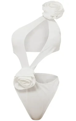 White Flower Detail Cut Out Asymmetric Swimsuit