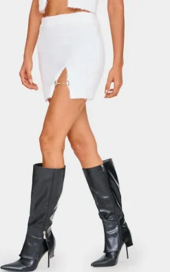 White Fluffy Knit Embellished Mini Skirt