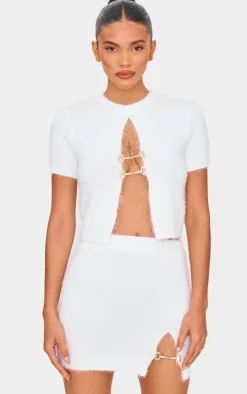 White Fluffy Knit Embellished Mini Skirt