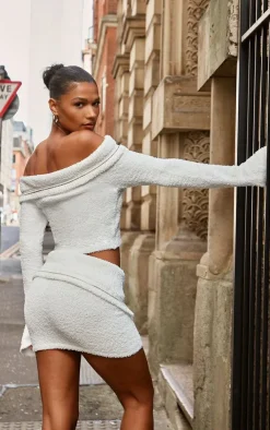 White Fluffy Knit Fold Over Zipped Crop Jacket