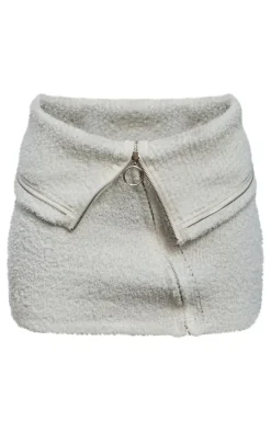 White Fluffy Knit Fold Over Zipped Mini Skirt