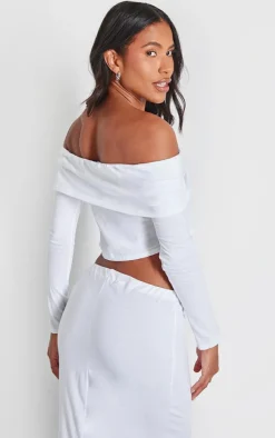 White Foldover Button Detail Off The Shoulder Top