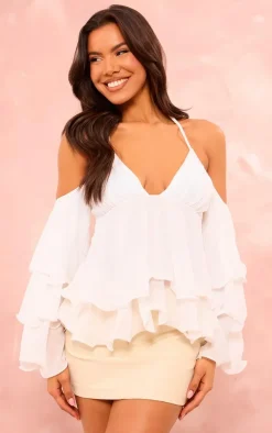White Frill Edge Bardot Sleeve Halterneck Top