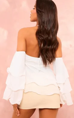 White Frill Edge Bardot Sleeve Halterneck Top