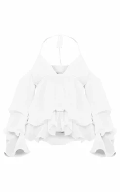 White Frill Edge Bardot Sleeve Halterneck Top