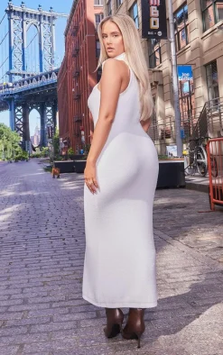 White Funnel Neck Super Soft Knit Maxi Dress