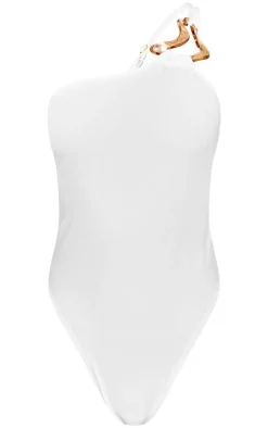 White Gold Trim Asymmetric Swimsuit