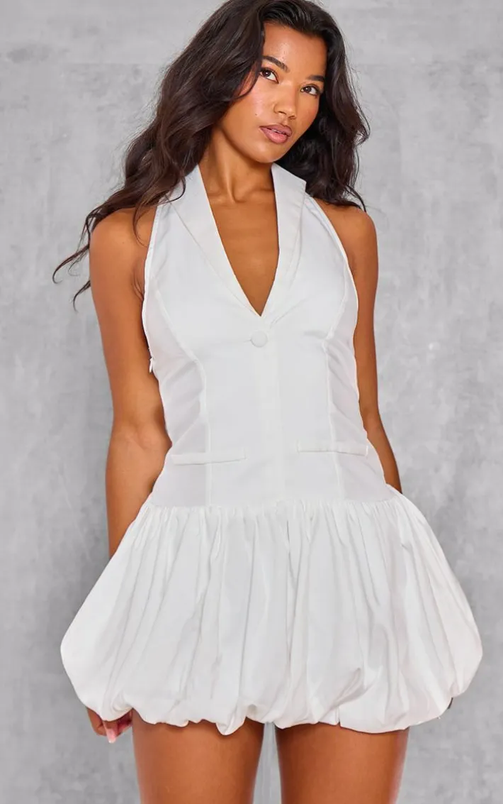 White Halterneck Vest Detail Puffball Dress
