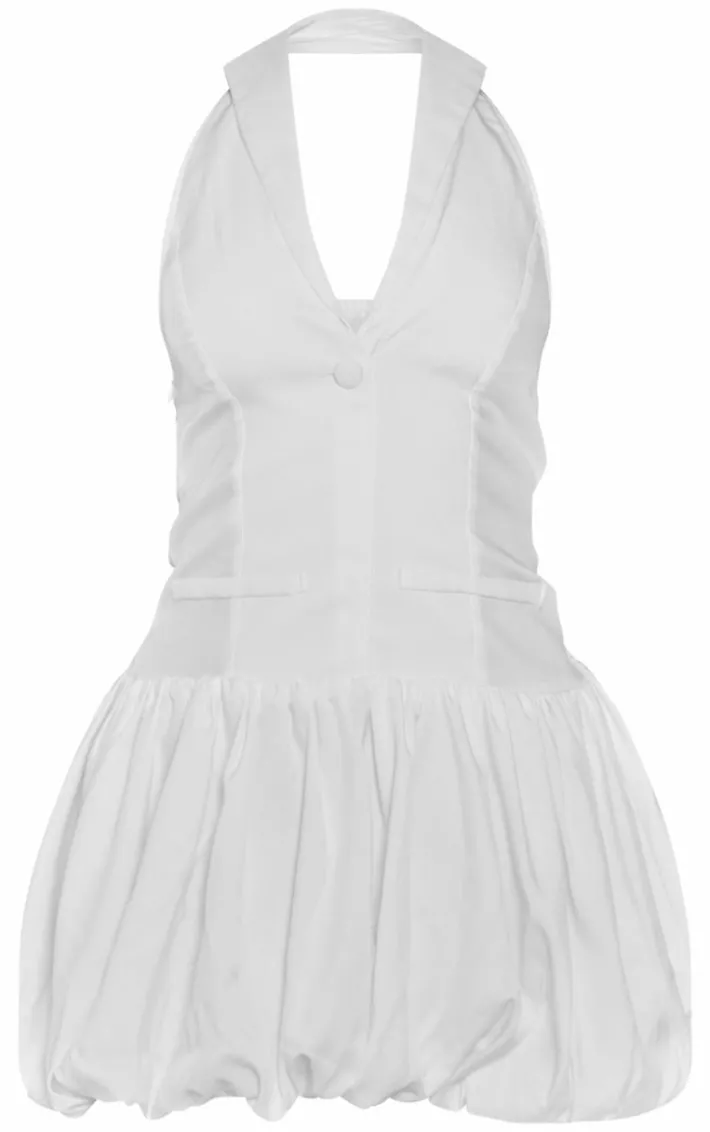 White Halterneck Vest Detail Puffball Dress