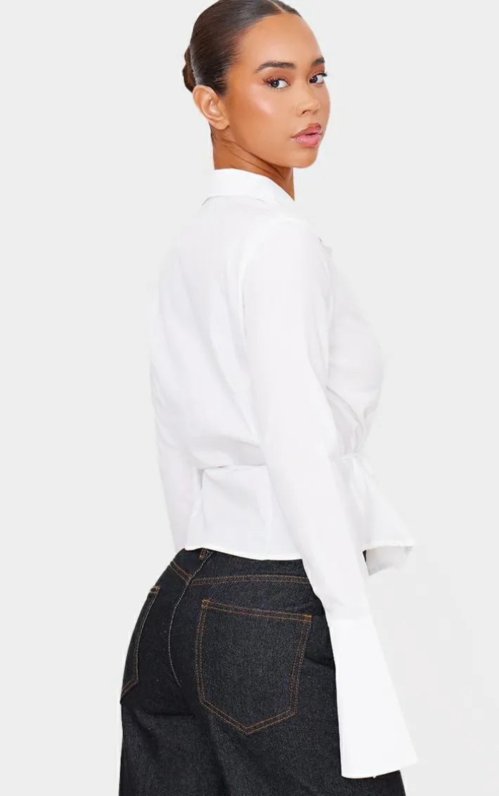 White Hook And Eye Flare Sleeve Shirt