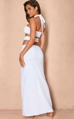 White Jersey Halterneck Knot Front Cut Out Maxi Dress