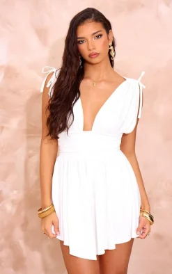 White Jersey Plunge Neck Shift Dress