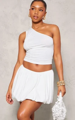 White Jersey Ruched Detail One Shoulder Top