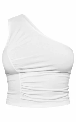 White Jersey Ruched Detail One Shoulder Top