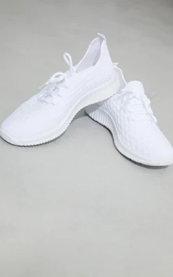 White Knitted Lace Up Sports Sneakers