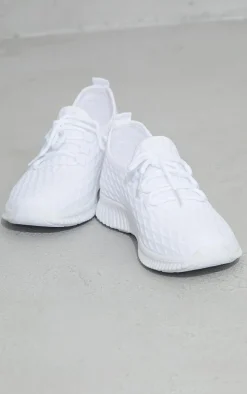 White Knitted Lace Up Sports Sneakers