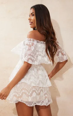 White Lace Bardot Ruffle Tiered Dress