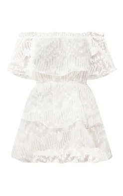 White Lace Bardot Ruffle Tiered Dress