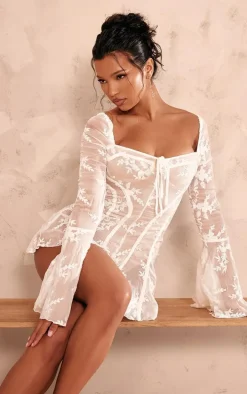 White Lace Binding Detail Flare Sleeve Romper