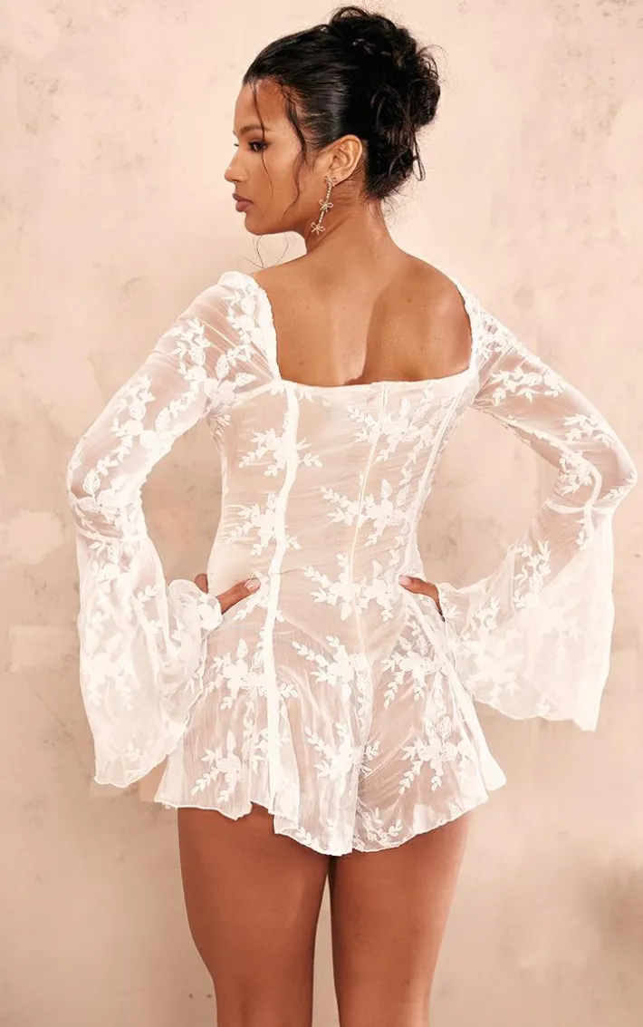 White Lace Binding Detail Flare Sleeve Romper