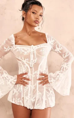 White Lace Binding Detail Flare Sleeve Romper