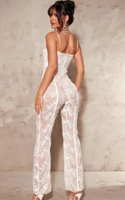 White Lace Binding Detail Strappy Sheer Jumpsuit