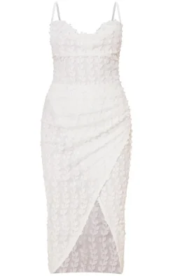 White Lace Cowl Neck Lace Up Back Midi Dress