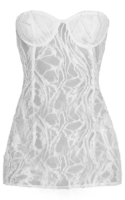 White Lace Diamante Bandeau Bodycon Dress