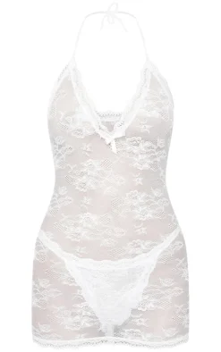 White Lace Slip Dress and Thong Lingerie Set