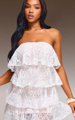 White Lace Tiered Ruffle Bandeau Bodycon Dress
