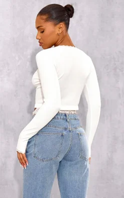 White Lace Trim Snatched Rib Button Up Long Sleeve Top