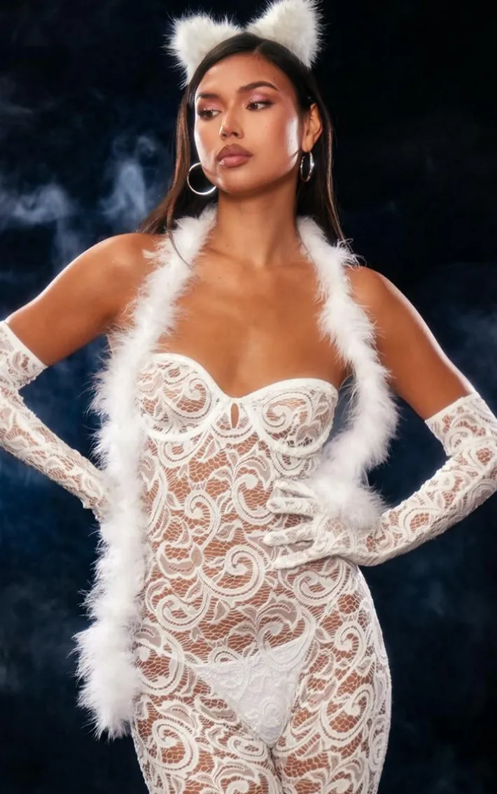 White Lace Underwired Bodystocking With Gloves