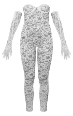 White Lace Underwired Bodystocking With Gloves
