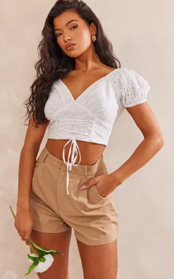 White Lace Up Front Broderie Crop Top