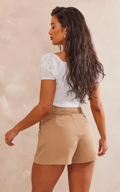 White Lace Up Front Broderie Crop Top