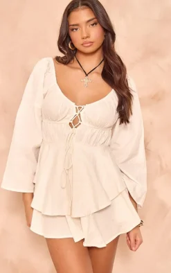 White Lace Up Front Longsleeve Romper