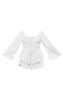 White Lace Up Front Longsleeve Romper