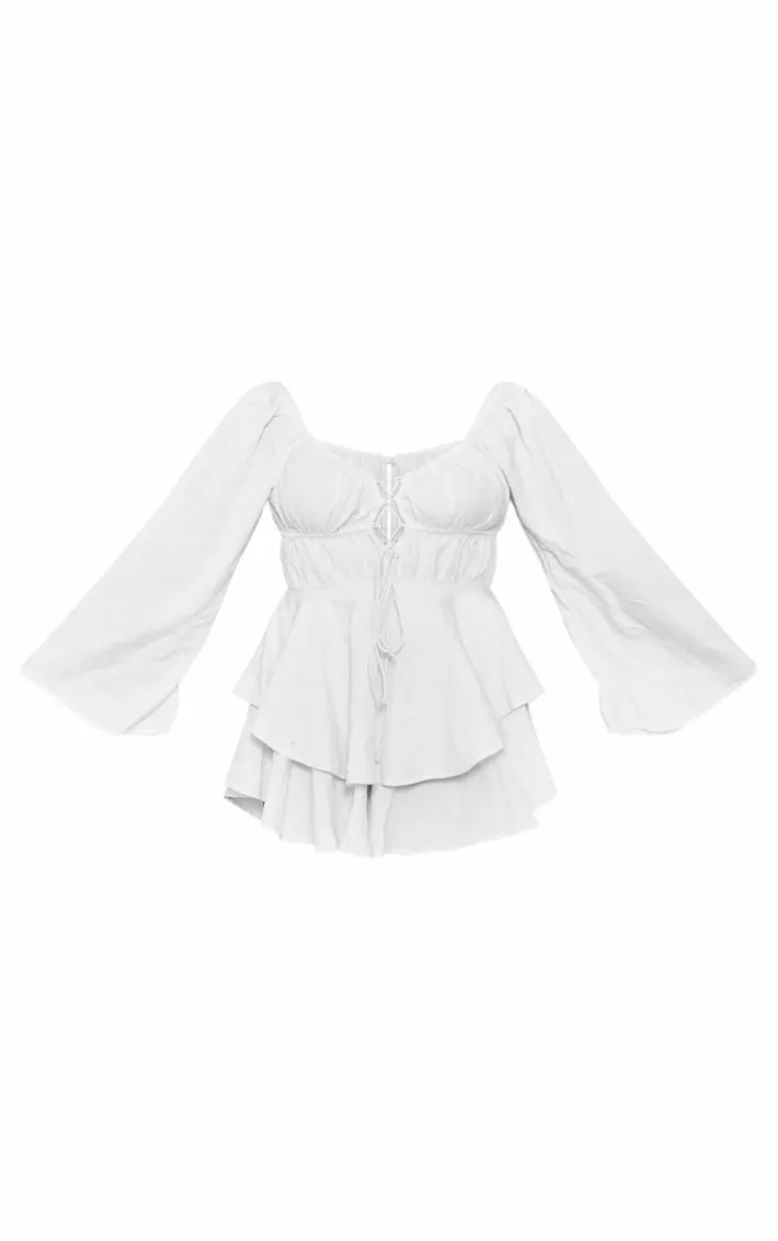 White Lace Up Front Longsleeve Romper