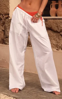 White Linen Look Drawstring Waist Pants