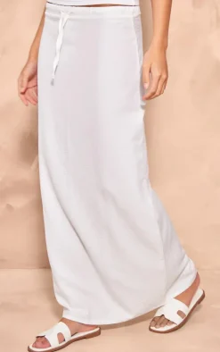 White Linen Look Drawstring Waist Midaxi Skirt