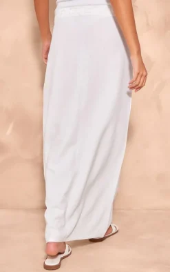 White Linen Look Drawstring Waist Midaxi Skirt