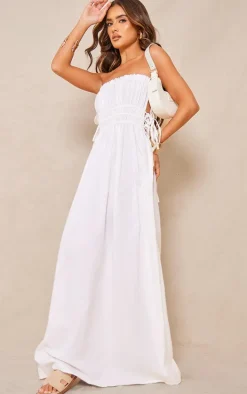White Linen Look Elasticated Tie Bow Maxi Dress