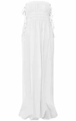 White Linen Look Elasticated Tie Bow Maxi Dress