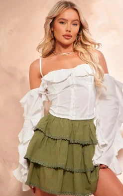 White Linen Look Hook & Eye Frill Sleeve Corset Top