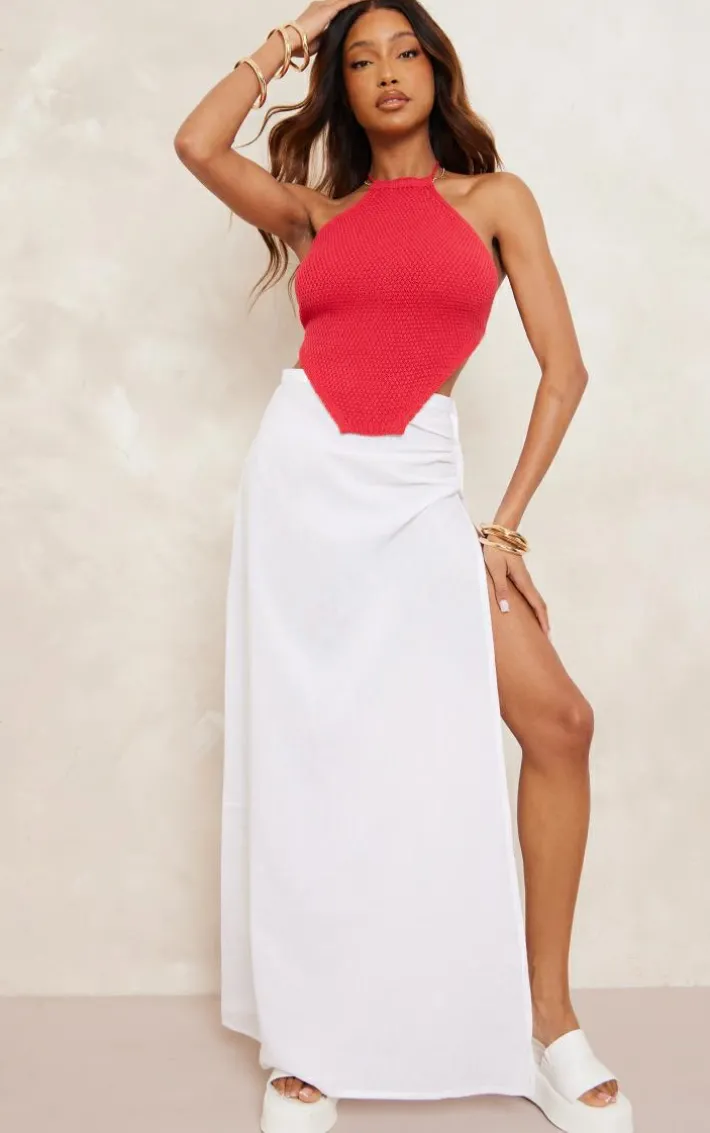White Linen Look Hook And Eye Ruched Waistband Maxi Skirt