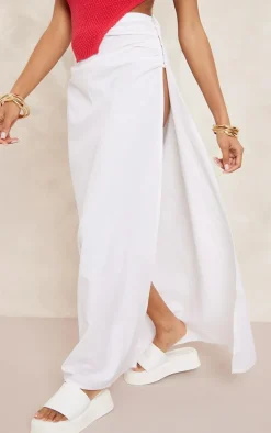 White Linen Look Hook And Eye Ruched Waistband Maxi Skirt