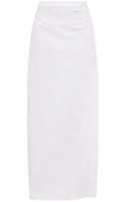 White Linen Look Hook And Eye Ruched Waistband Maxi Skirt