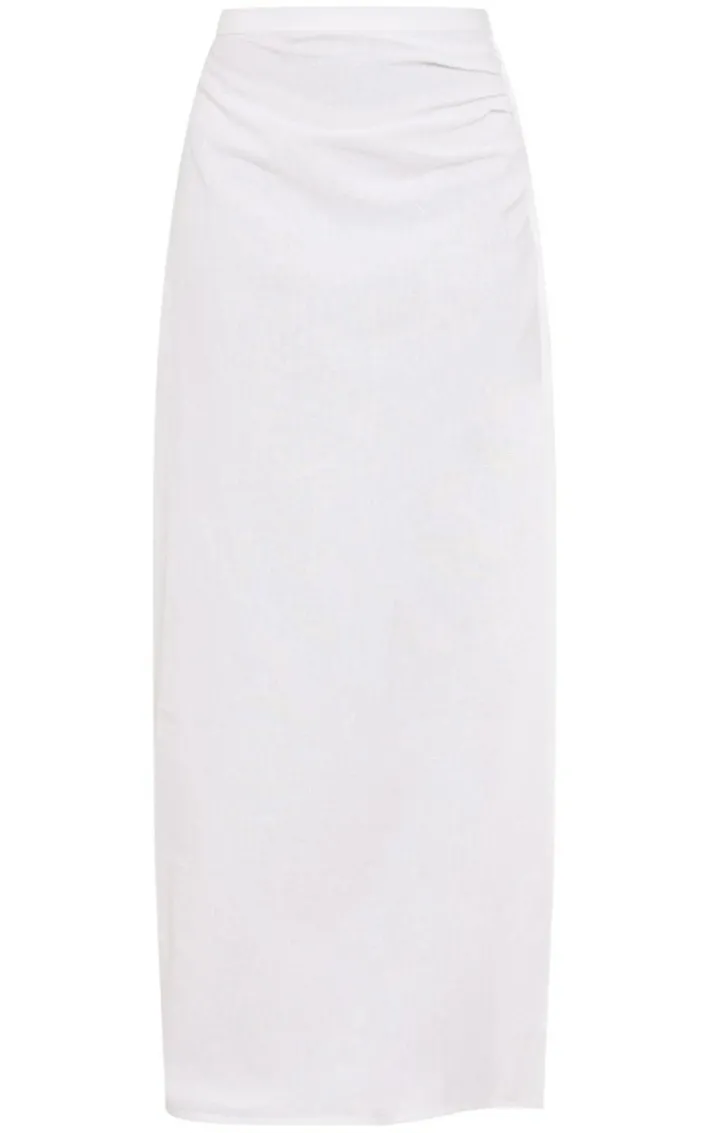 White Linen Look Hook And Eye Ruched Waistband Maxi Skirt