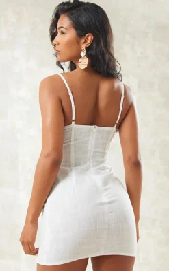 White Linen Look Underwired Bust Detail Strappy Bodycon Dress
